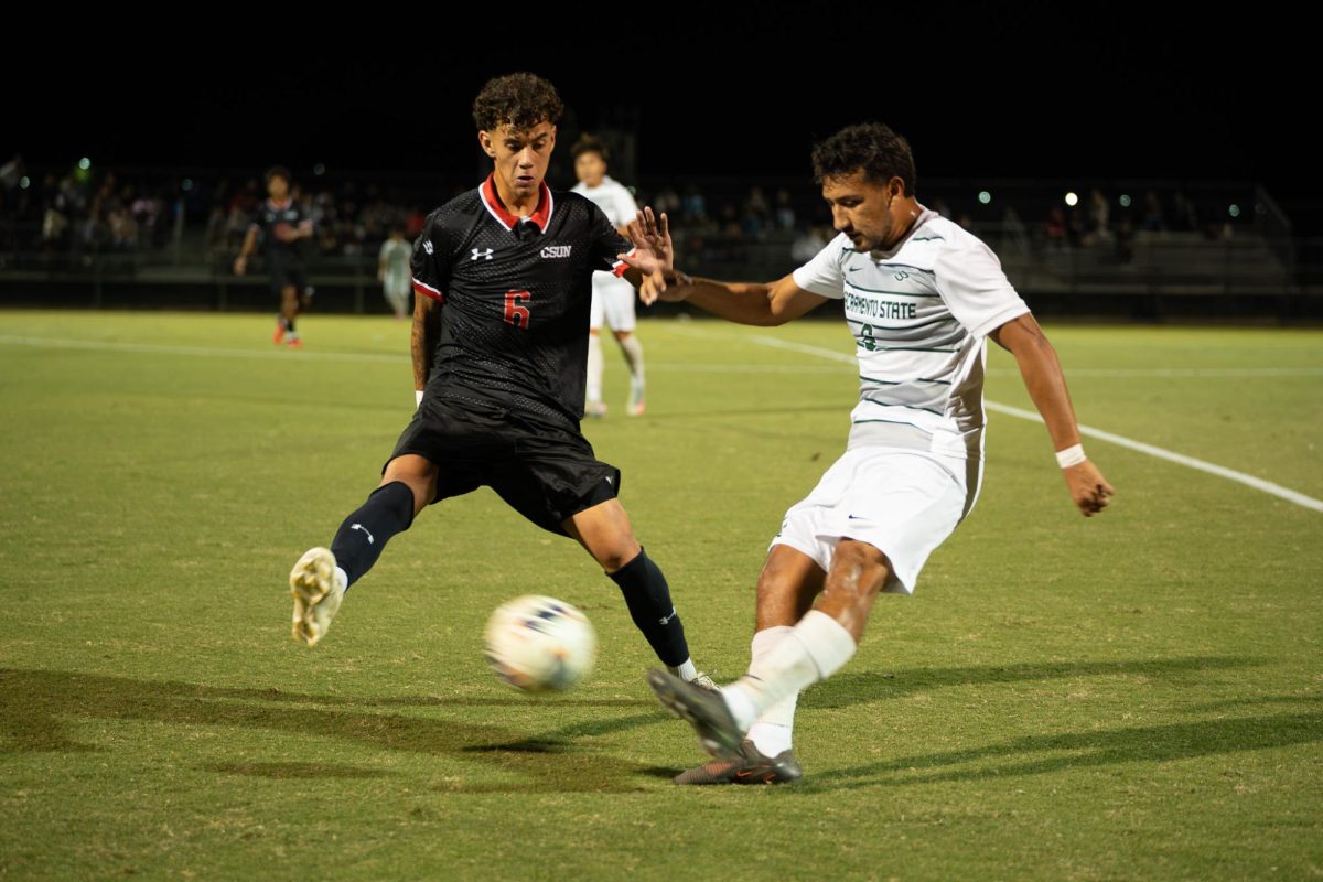CSUN midfielder No. 6 Francisco Garibay, left, blocks a kick by Sacramento State midfielder No. 6 Gio Ceja, right, during the second half at Matador Soccer Field in Northridge, Calif., on Saturday, Oct. 24, 2026. Ceja attempted to clear the ball to his teammates before being stopped by Garibay.