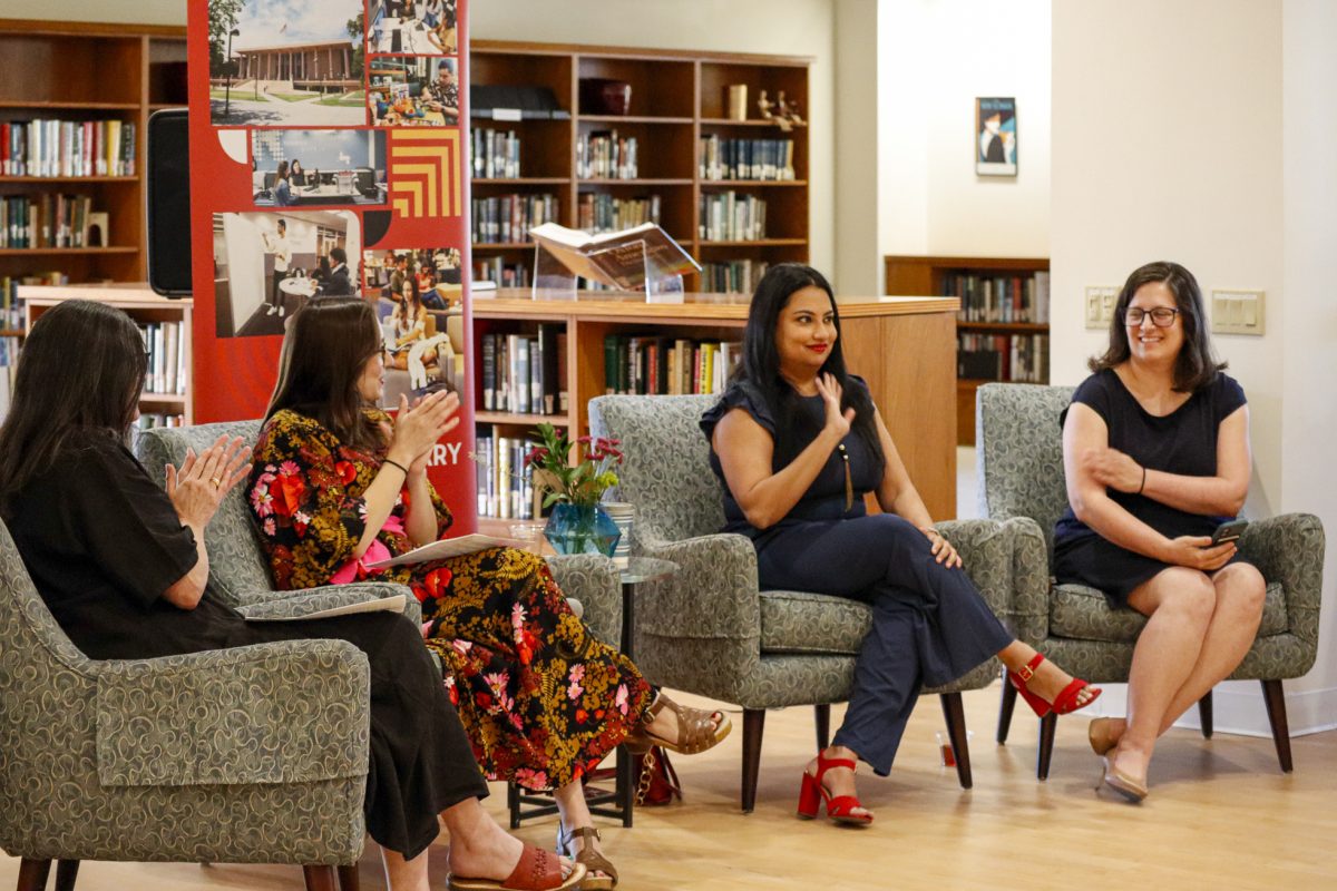 From left, Gayle O’Hara, Mallory Furnier, Minoti Vaishnav and Ellen E. Jarosz participate in a Q&A during the Journeys of the Imagination exhibit opening reception in the University Library gallery in Northridge, California, Oct. 15.