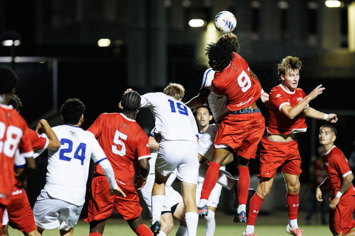 Both teams vie for the ball after a corner kick during the Big West Conference opener against the CSUB Roadrunners at Matador Soccer Field in Northridge, Calif., on Wednesday, Sept. 30, 2026. CSUN tied with Bakersfield 2-2.
