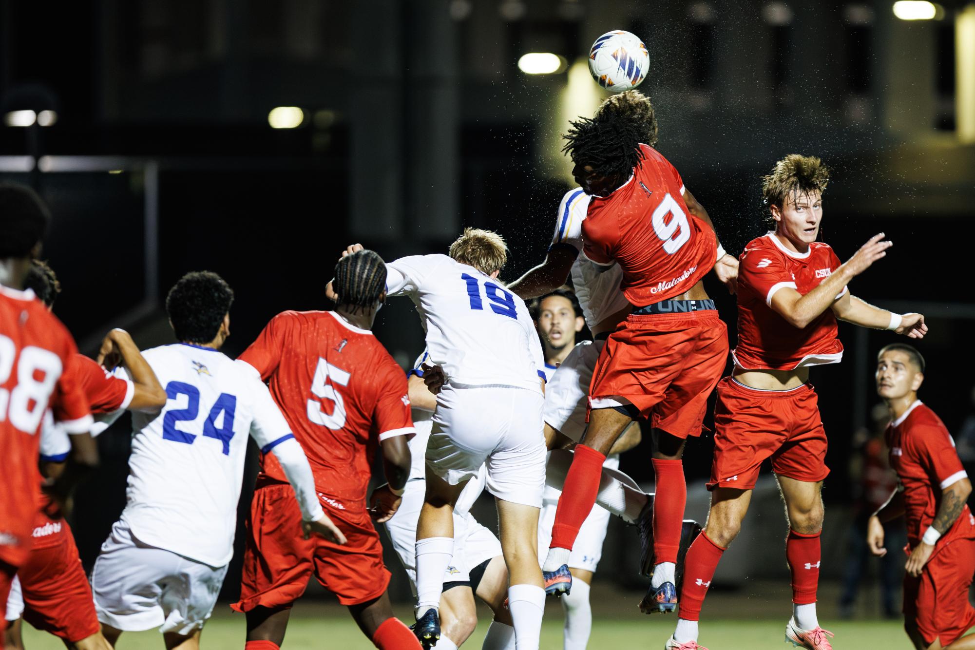 Both teams vie for the ball after a corner kick during the Big West Conference opener against the CSUB Roadrunners at Matador Soccer Field in Northridge, Calif., on Wednesday, Sept. 30, 2026. CSUN tied with Bakersfield 2-2.