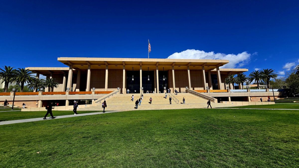 A wide shot of the University Library at California State University, Northridge, on Feb. 18, 2026.