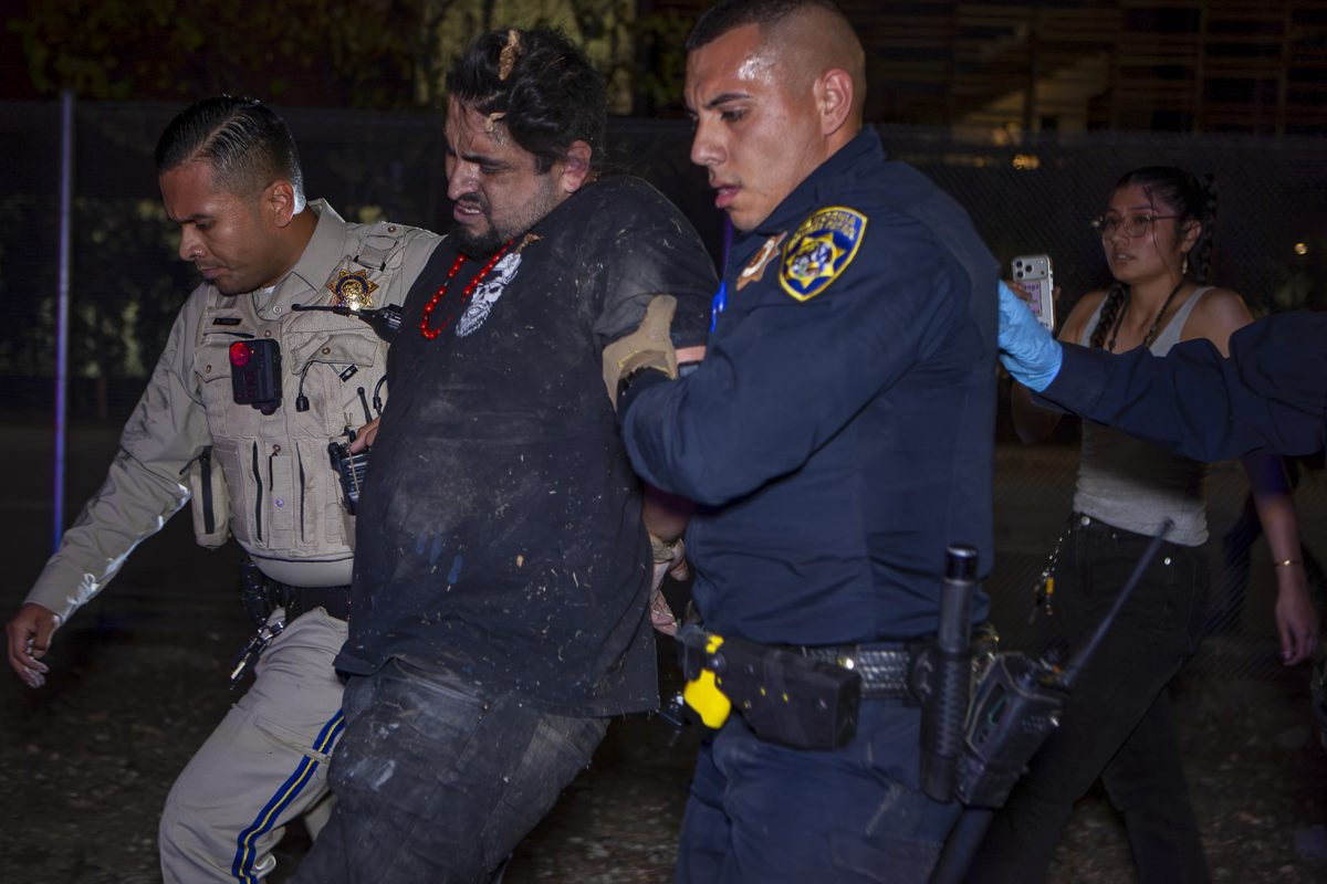 California Highway Patrol officers arrest a protester on the embankment of U.S. Highway 101 in Los Angeles, Saturday, Oct. 17, 2026.