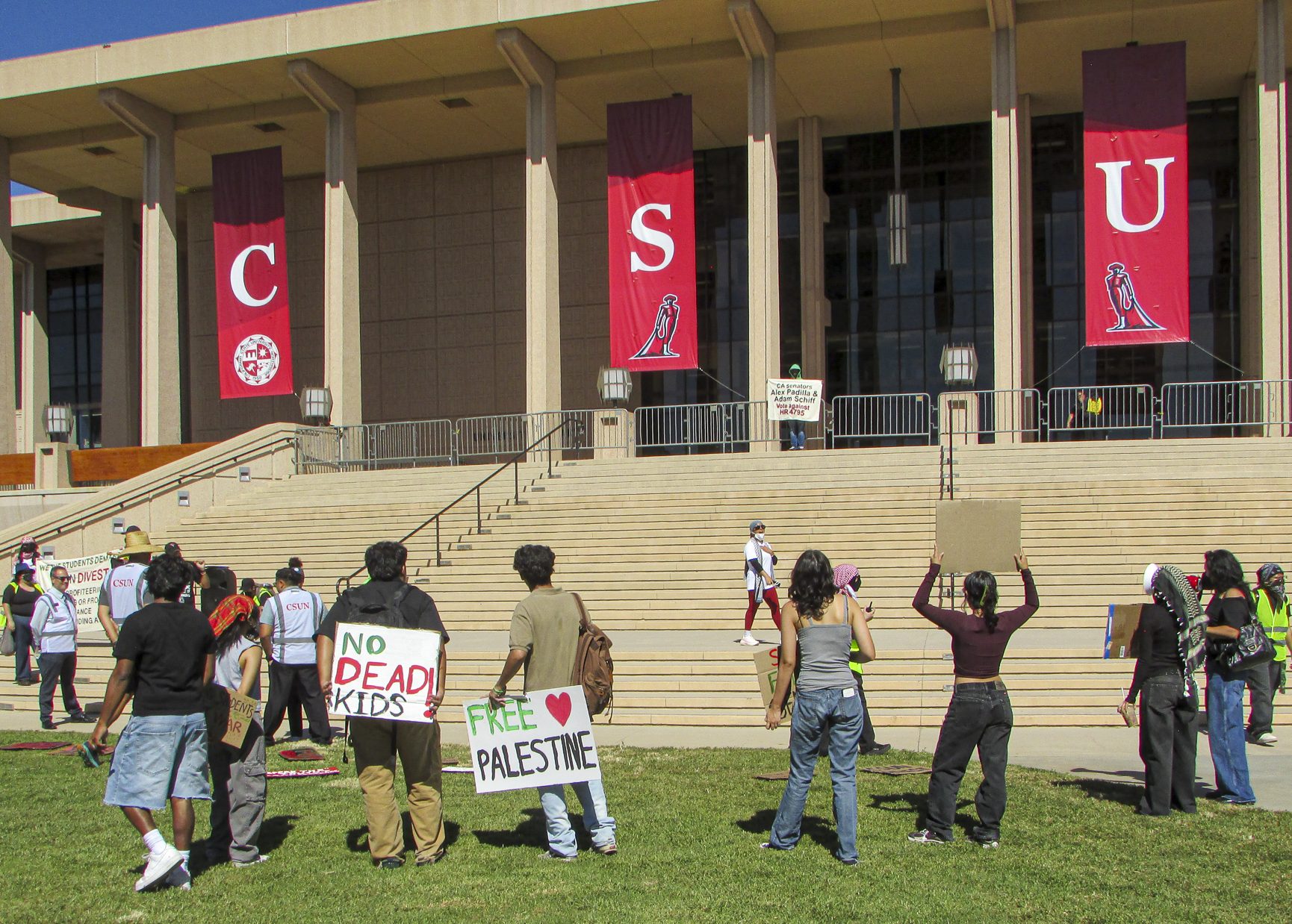 CSUN students gather for a pro-Palestinian protest on the lawn of the University Library in Northridge, Calif, on Wednesday, Oct. 7, 2026. They held signs reading "Free Palestine" and "No dead kids".