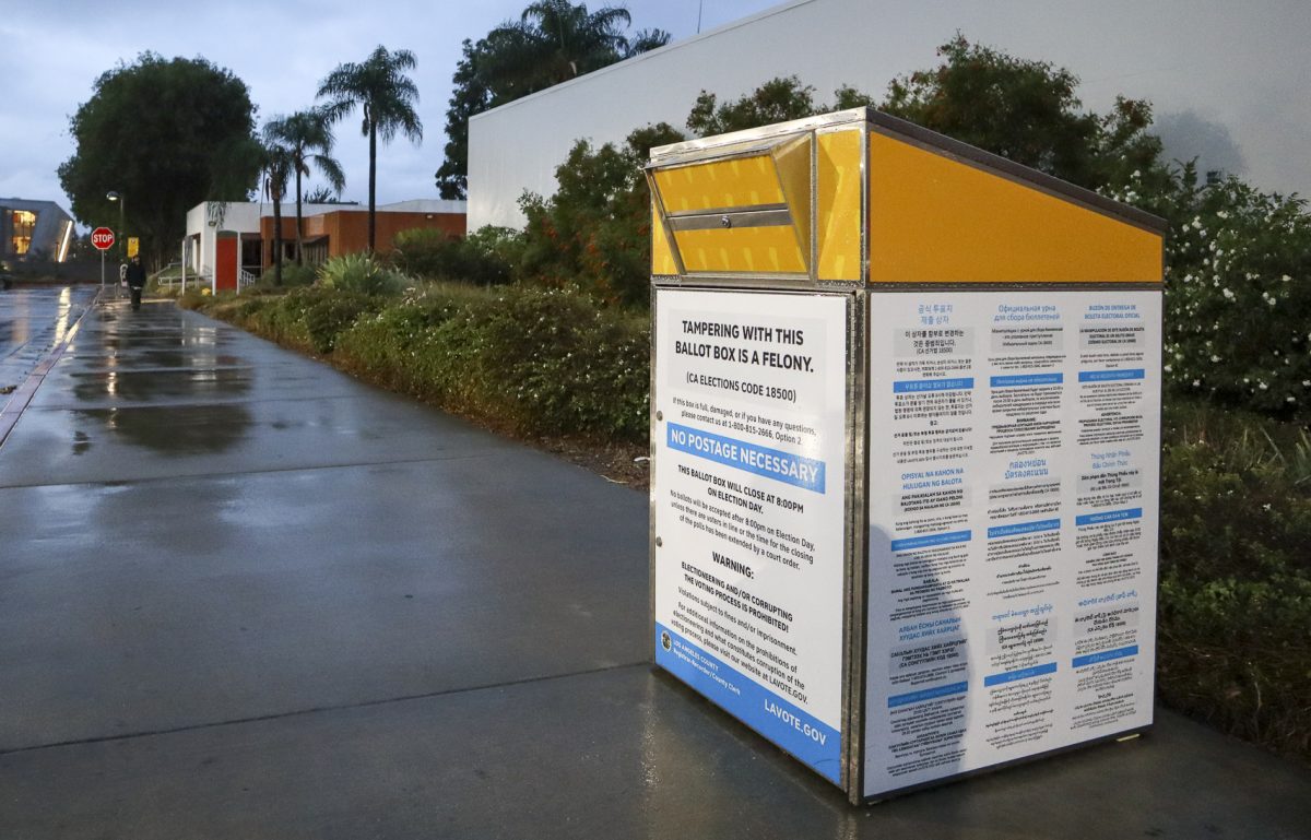 An official mail-in ballot drop box stands outside the Premier America Credit Union complex at California State University, Northridge in Northridge, Calif., Wednesday, Oct. 21, 2026. The secure box provides on-campus voters an accessible method to return early ballots ahead of the upcoming general election.