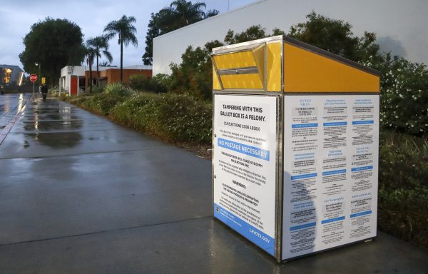 An official mail-in ballot drop box stands outside the Premier America Credit Union complex at California State University, Northridge in Northridge, Calif., Wednesday, Oct. 21, 2026. The secure box provides on-campus voters an accessible method to return early ballots ahead of the upcoming general election.