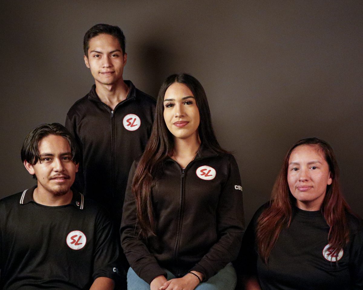 Members of the Salsa Libre club pose for a portrait at California State University, Northridge, California, on Wednesday, Oct. 7, 2026. Pictured from left are Brandon Contreras, Vice President Eduardo Garcia, President Yesenia Echaves, and Blanca Roca.