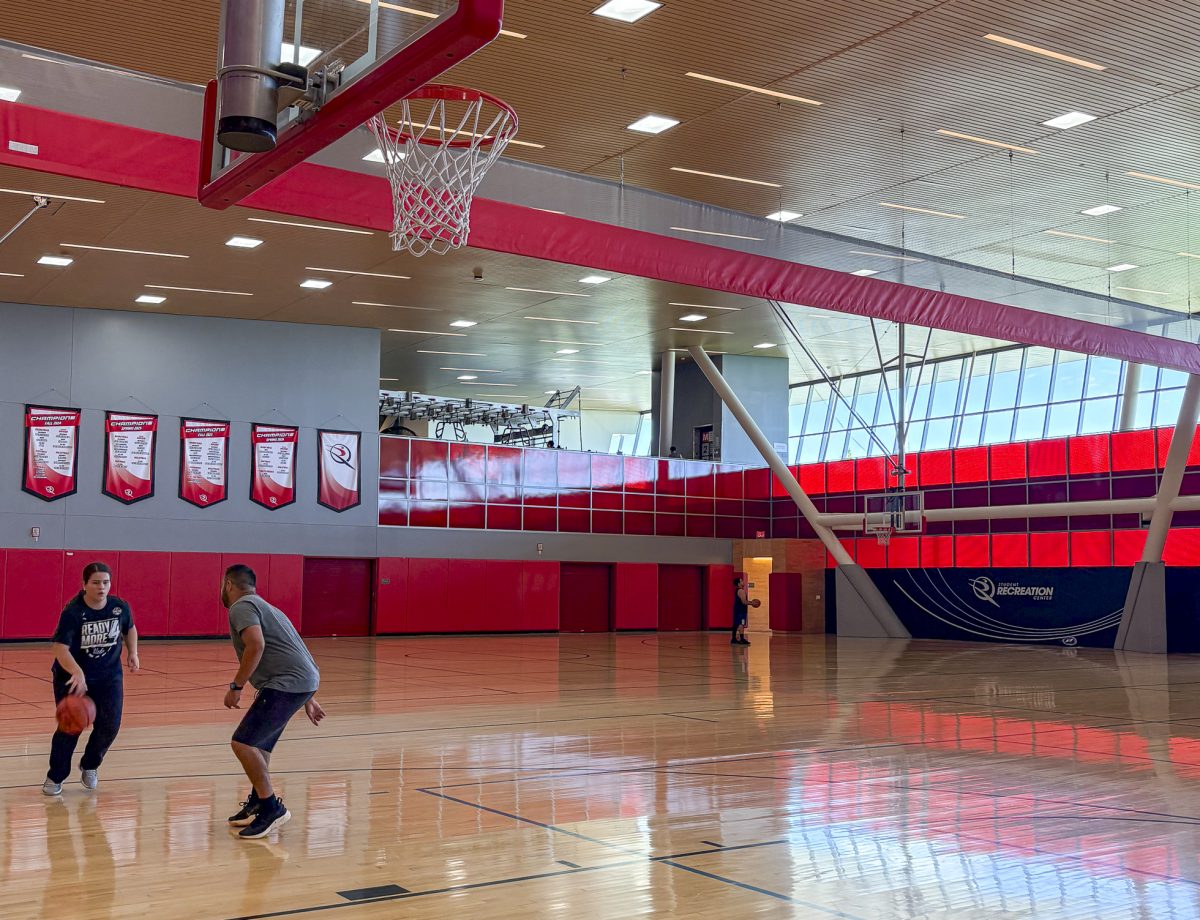 CSUN master’s in athletic training student Guadalupe Covarrubias-Tapia plays basketball with her friend Hugo Urista at the basketball court in CSUN's Student Recreation Center (SRC) in Northridge, California, on Monday, Oct. 5, 2026