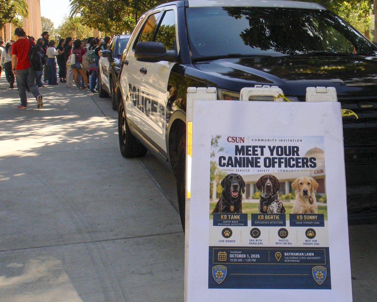 CSUN police Sgt. Nicholas Canady and Tank, a CSUN police canine, stand together during the “Meet Your Canine Officers” event at Bayramian Lawn at California State University, Northridge in Northridge, Calif. on Oct. 1, 2026.